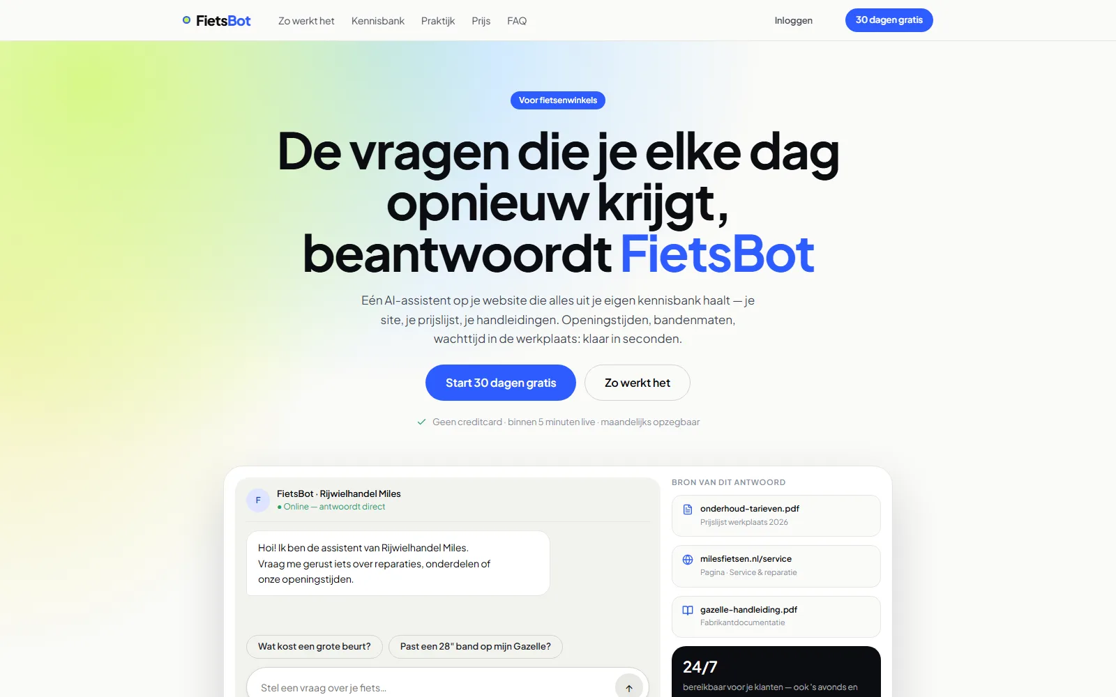 De website van FietsBot, de AI-assistent voor fietsenwinkels